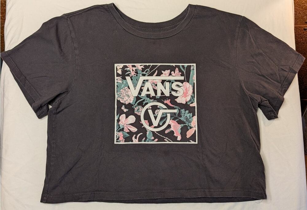 Vans Cropped Graphic T Shirt Sz L Dark Gray Floral Streetwear Athletic Workout